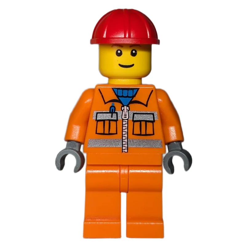 Construction Worker, Orange Jacket with Zipper and Reflective Stripes, Orange Legs, Red Hard Hat, Brown Eyebrows