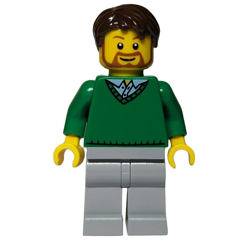 Man, Green V-Neck Sweater, Light Bluish Gray Legs, Beard
