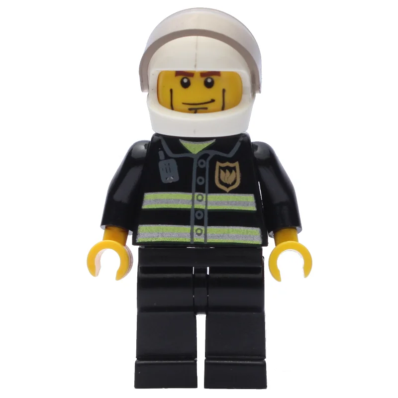Fireman, Black Fire Jacket with Reflective Stripes, Radio, and Badge, White Helmet with Visor, Cheek Lines
