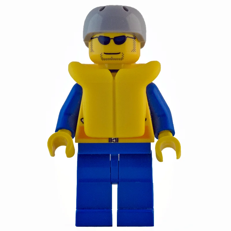 Coast Guard, Yellow Jacket with Zipper, Radio and Badge, Light Bluish Gray Helmet, Yellow Life Vest, Sunglasses