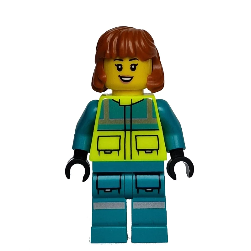 Paramedic, Vibrant Yellow Safety Vest, Dark Turquoise Legs, Dark Orange Hair