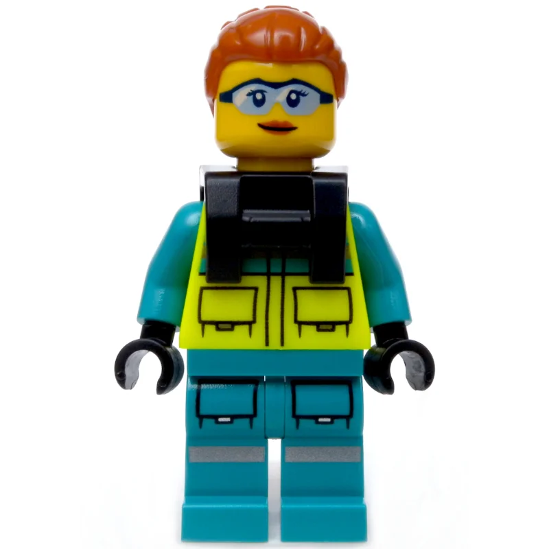 Paramedic, Vibrant Yellow Safety Vest, Dark Turquoise Legs, Dark Orange Hair, Safety Glasses