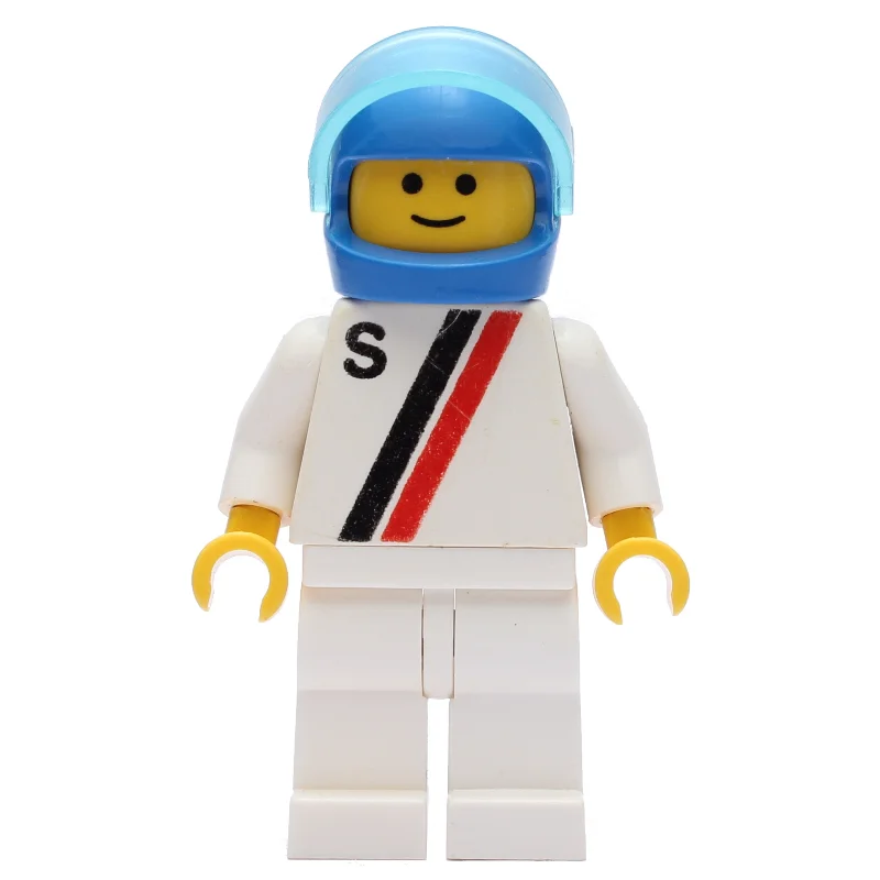 Racer, White Shirt with Two Stripes and 'S', White Legs, Blue Helmet with Visor