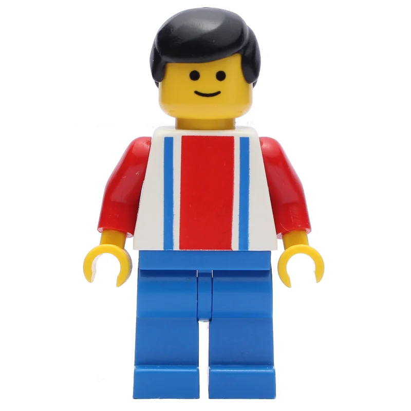 Soccer Player White Torso with Blue/Red Stripes, Blue Legs, Black Hair