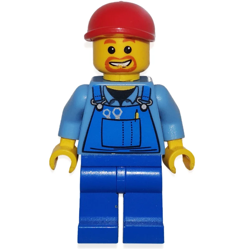 Man, Blue Overalls over Shirt, Blue Legs, Red Cap, Goatee Beard