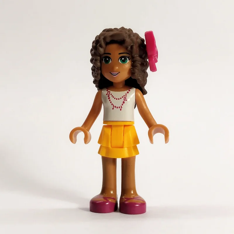 Andrea - White Top, Bright Light Orange Skirt. Magenta Bow