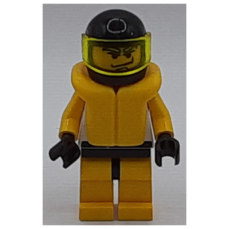 Racer, Yellow and White Outfit with Tiger, Black Helmet with Visor, Yellow Life Vest