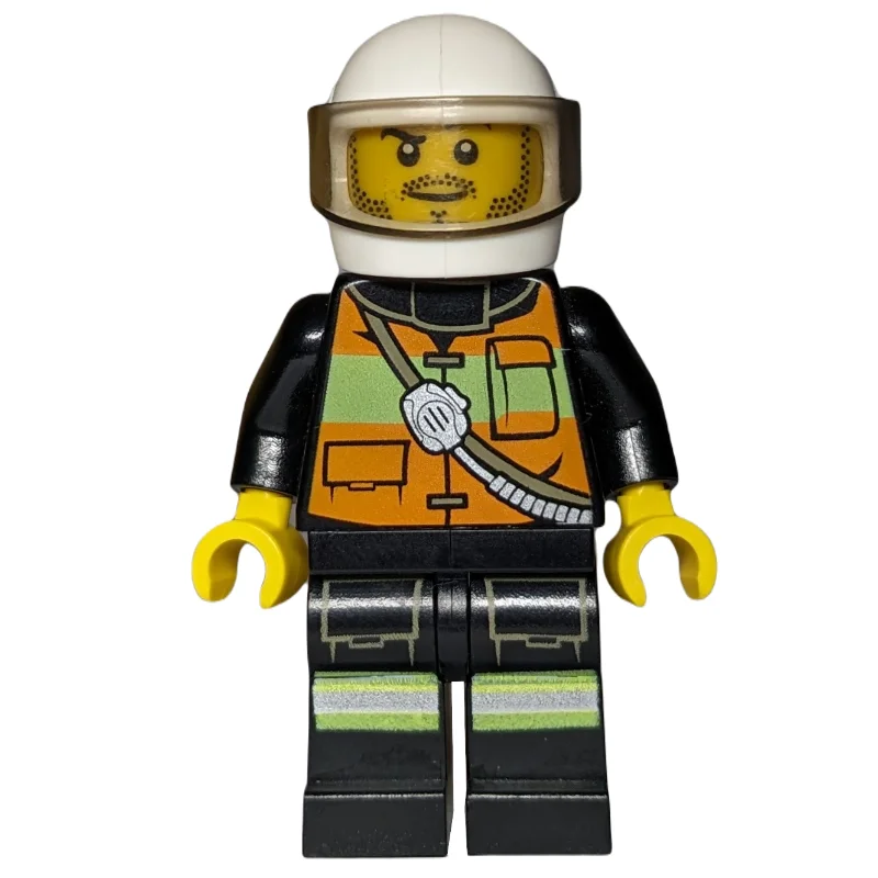 Fireman, Orange Safety Vest with Radio, White Helmet with Visor, Stubble
