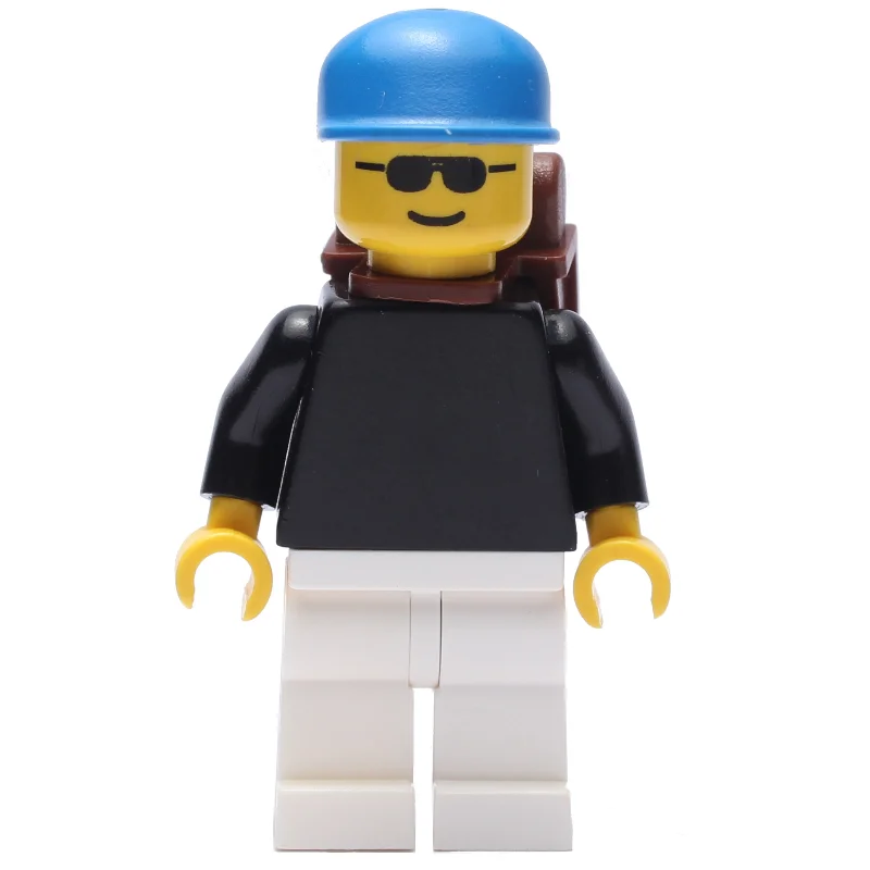 Man, Black Torso, White Legs, Blue Cap, Backpack, Sunglasses