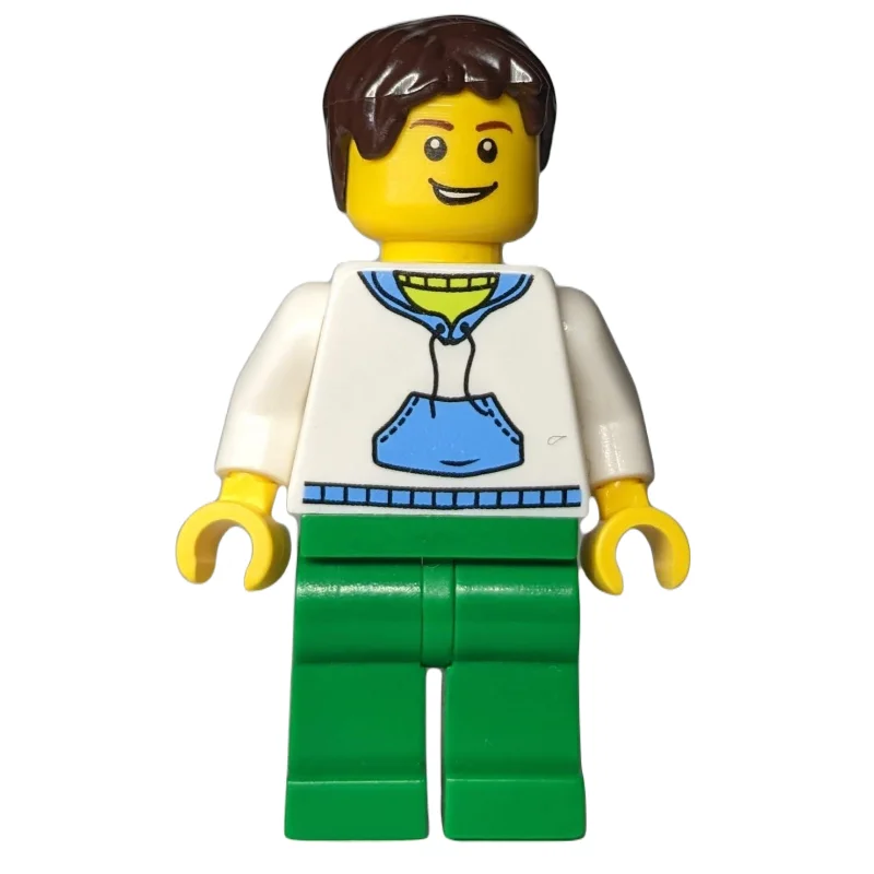 Man, White and Blue Hoodie, Green Legs, Dark Brown Hair