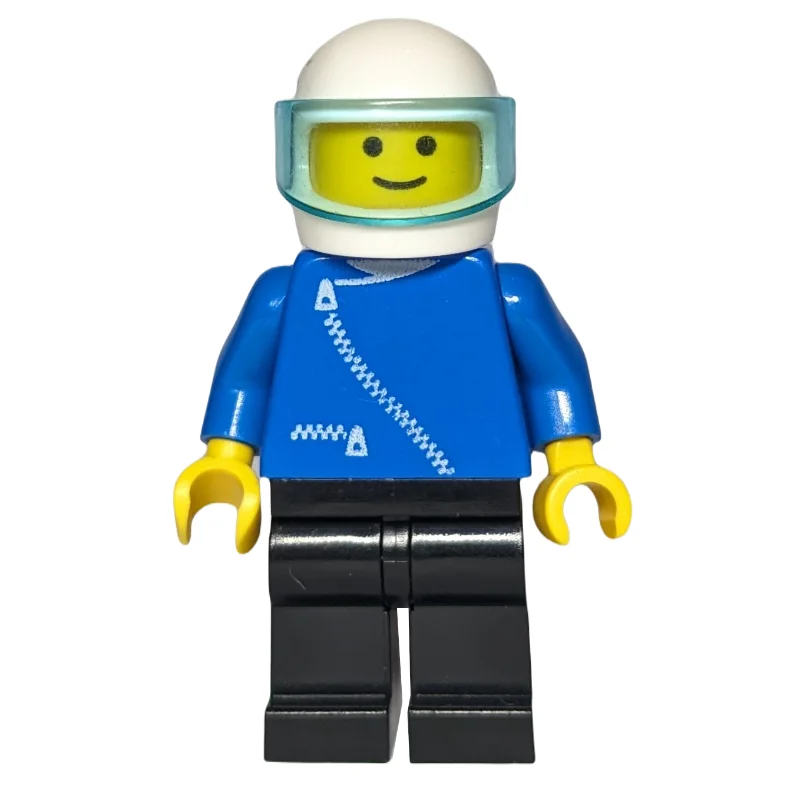 Man, Blue Jacket with Zipper, Black Legs, White Helmet with Visor
