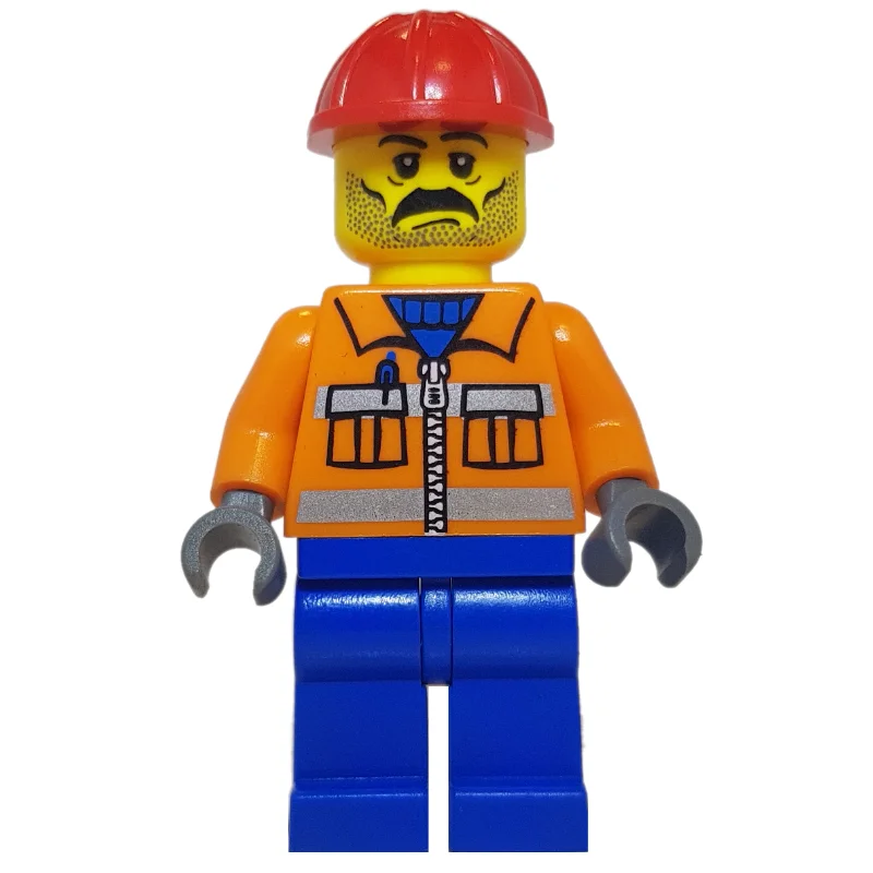 Construction Worker, Orange Jacket with Zipper and Reflective Stripes, Blue Legs, Red Hard Hat, Moustache and Stubble
