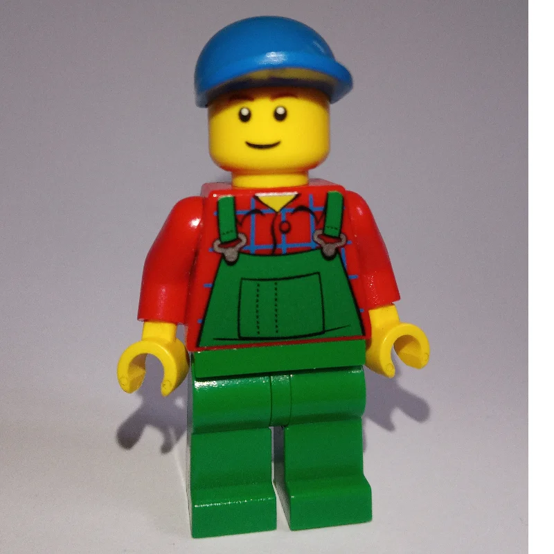 Man, Green Overalls over Red Shirt, Blue Cap