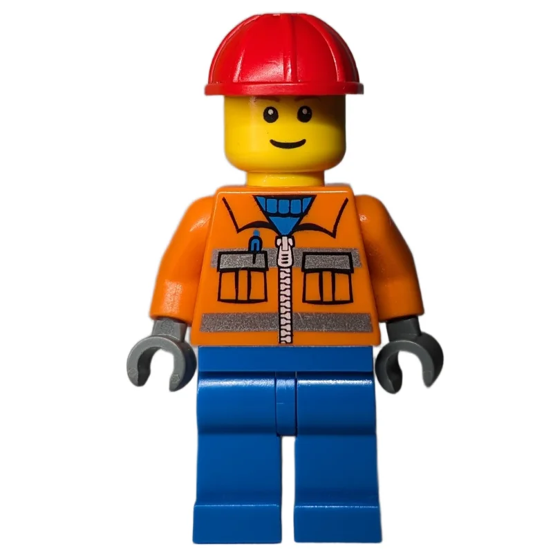 Construction Worker, Orange Jacket with Zipper and Reflective Stripes, Blue Legs, Red Hard Hat