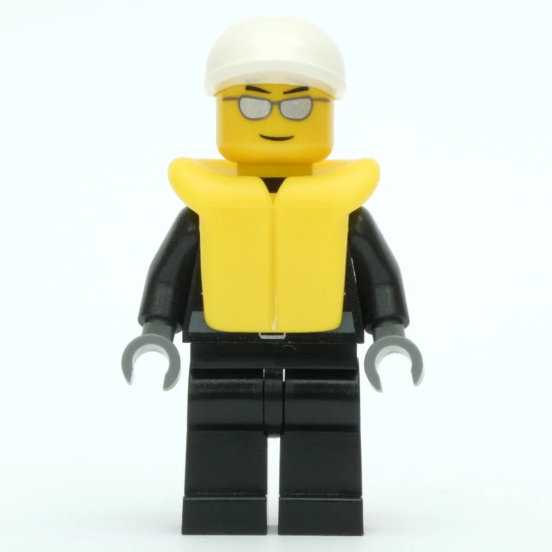 Policeman, Black Jacket with Zipper, Radio, and Badge, White Cap, Yellow Life Vest, Silver Sunglasses