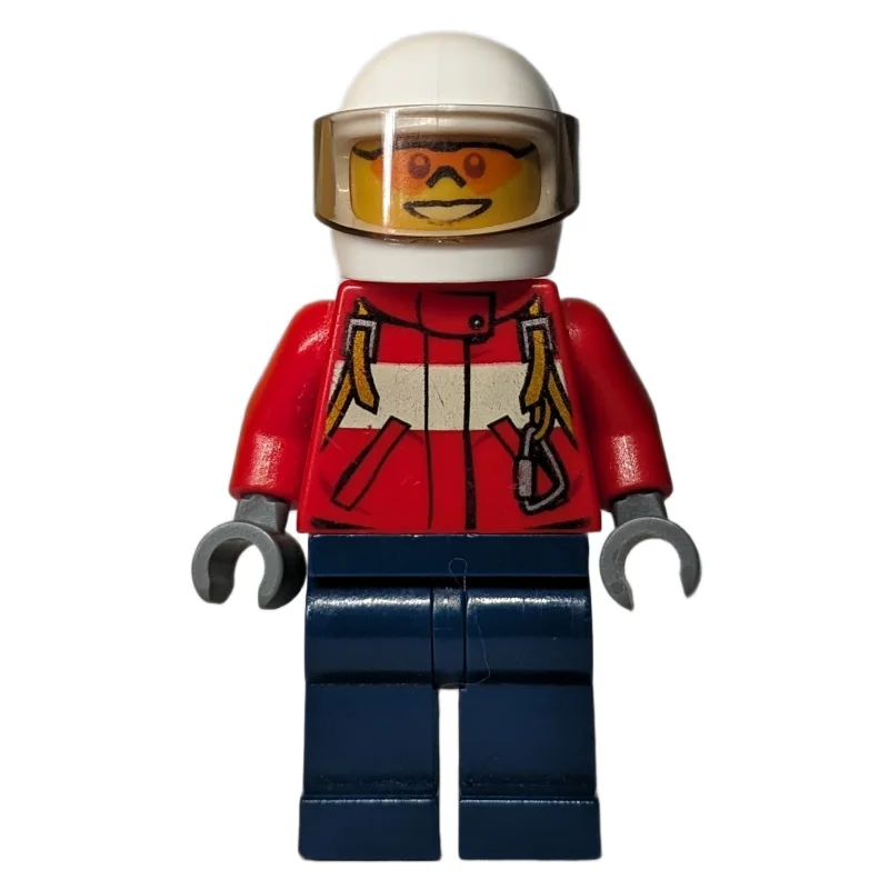 Fireman, Red Jacket with Straps, White Helmet with Visor, Orange Sunglasses