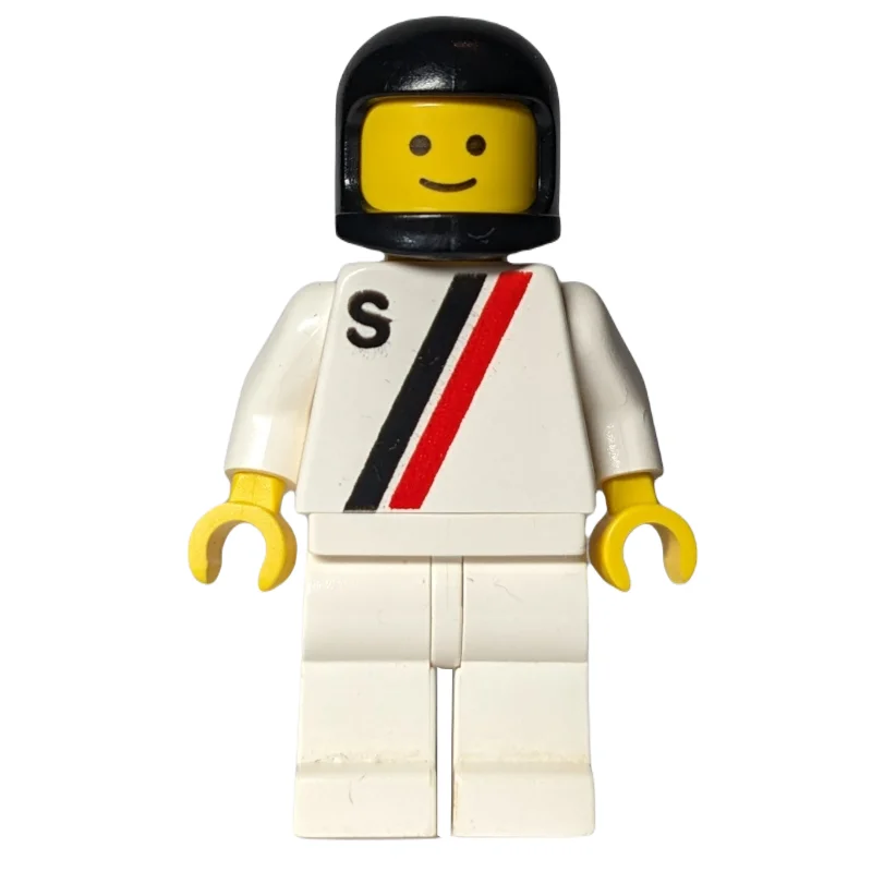Racer, White Shirt with Two Stripes and 'S', White Legs, Black Helmet