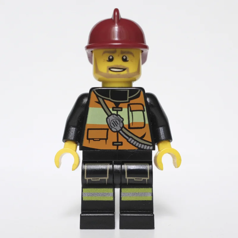 Fireman, Orange Safety Vest with Radio, Dark Red Helmet, Beard