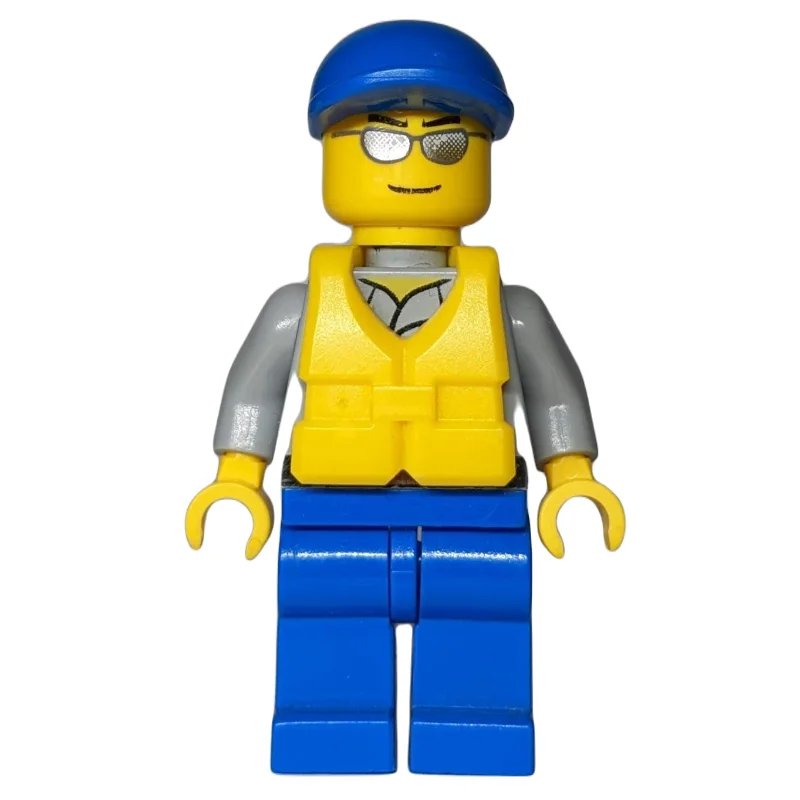 Coast Guard, Light Bluish Gray Shirt with Badge, Blue Cap, Yellow Life Vest, Silver Sunglasses