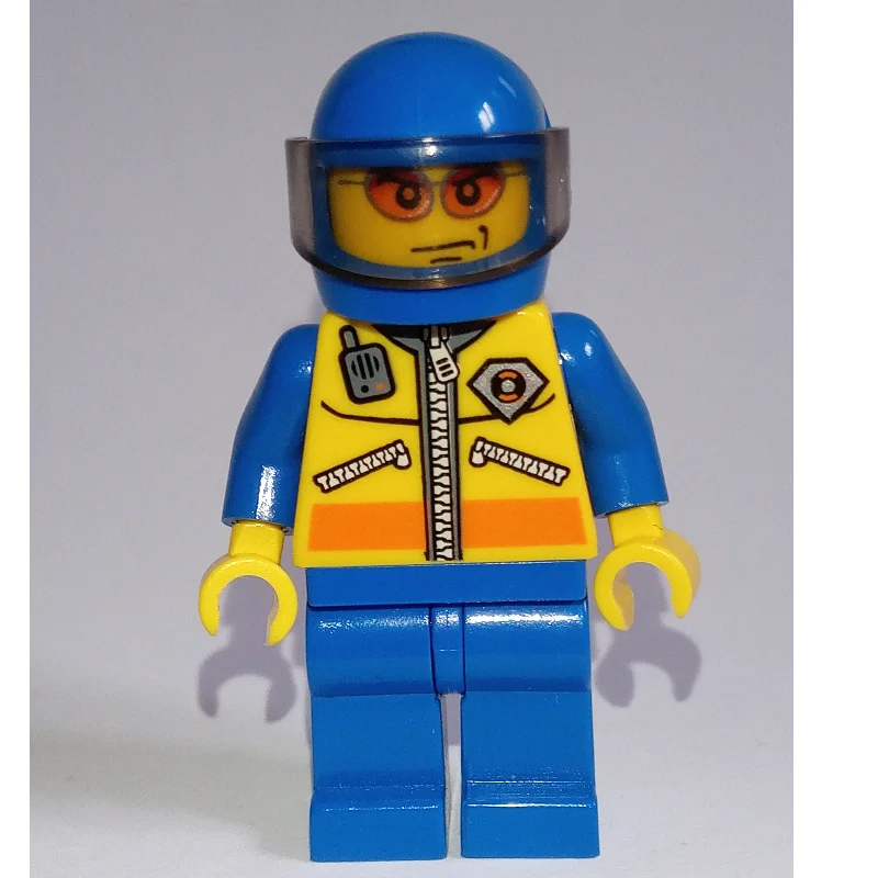 Coast Guard, Yellow Jacket with Zipper, Radio and Badge, Blue Helmet with Visor, Orange Sunglasses