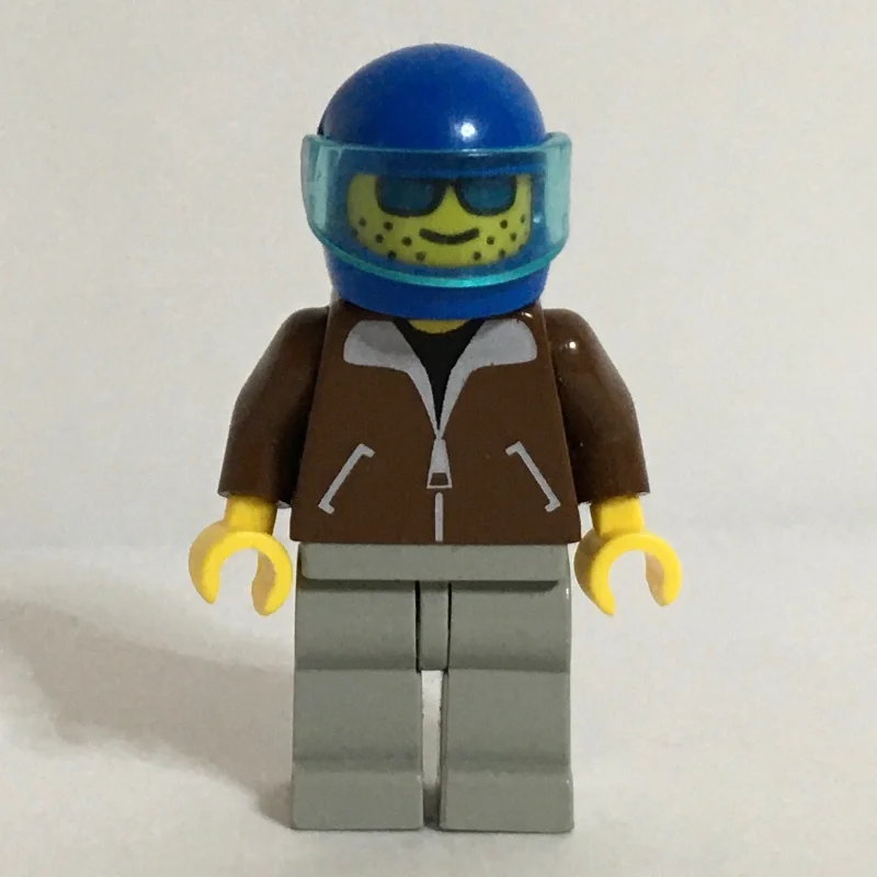 Man, Brown Jacket, Light Gray Legs, Blue Helmet with Visor, Blue Visor