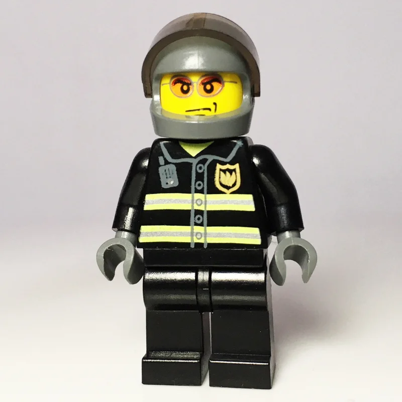 Fireman, Black Fire Jacket with Reflective Stripes, Radio, and Badge, Dark Bluish Gray Helmet with Visor, Orange Sunglasses
