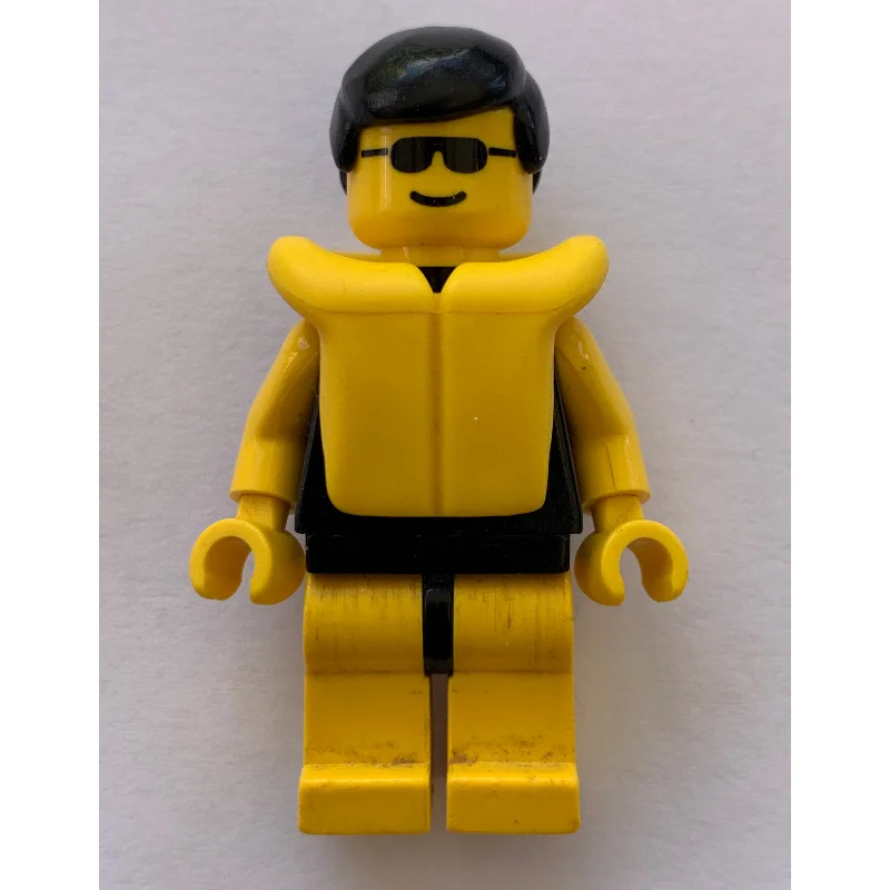 Man, Plain Black Swimsuit, Black Hair, Yellow Life Vest, Sunglasses