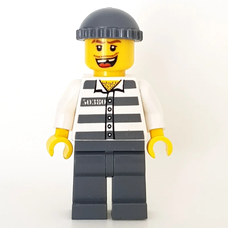 Criminal, Prison Shirt with #50380, Dark Bluish Gray Legs, Dark Bluish Gray Hat, Missing Tooth