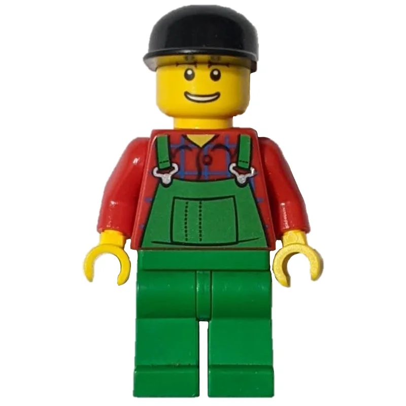 Man, Green Overalls over Red Shirt, Black Cap