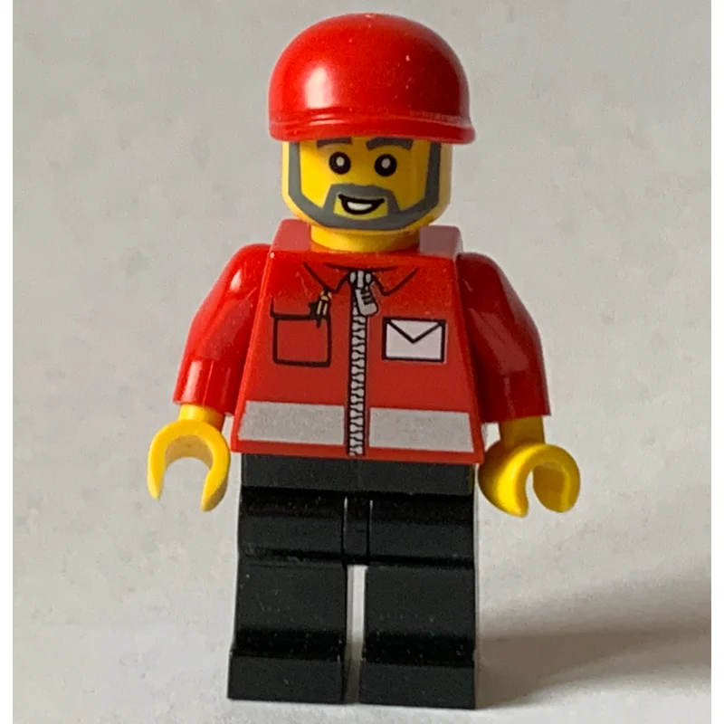 Postal Worker, Red Jacket with Zipper and Letter Logo, Black Legs, Red Cap, Beard
