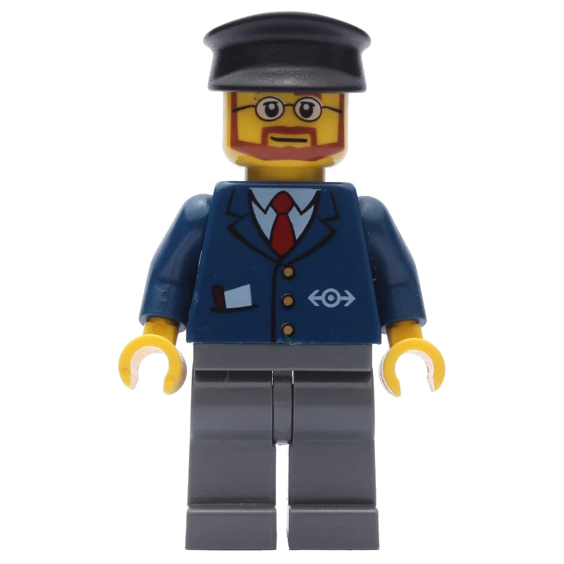 Train Worker, Dark Blue Jacket with Train Logo, Black Hat, Beard and Glasses