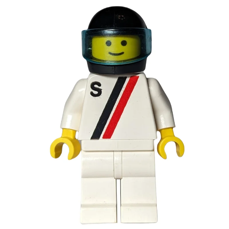 Racer, White Shirt with Two Stripes and 'S', White Legs, Black Helmet with Visor (3626a Head)