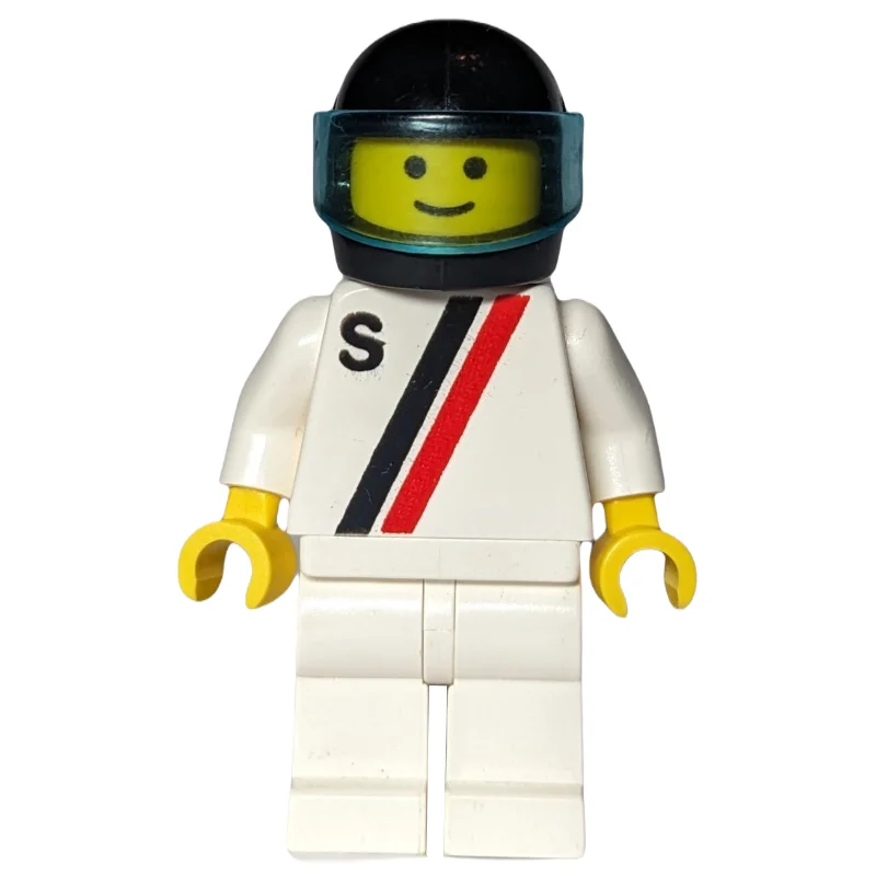 Racer, White Shirt with Two Stripes and 'S', White Legs, Black Helmet with Visor (3626b Head)