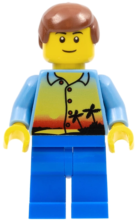Man, Sunset Shirt with Palm Trees, Blue Legs, Reddish Brown Hair