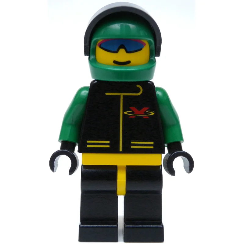 Racer, Extreme Team, Black Jacket, Black Legs, Green Helmet with Visor, Blue Sunglasses