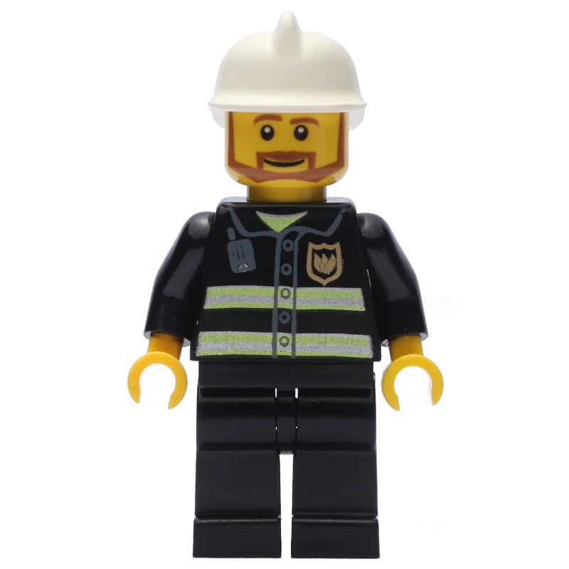 Fireman, Black Fire Jacket with Reflective Stripes, Radio, and Badge, White Helmet, Angular Beard