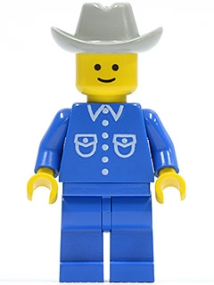 Man, Blue Shirt with Buttons and Pockets, Blue Legs, Light Gray Cowboy Hat