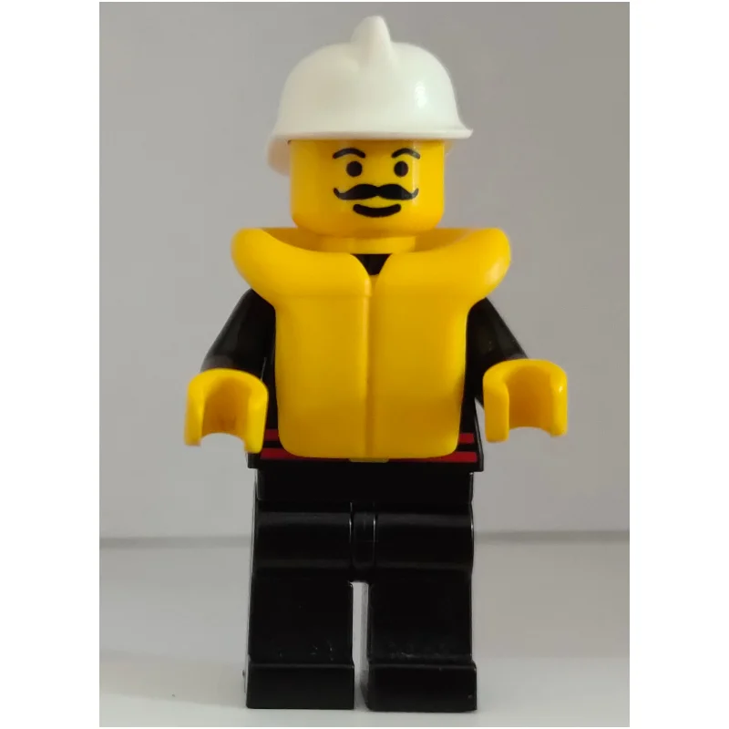 Fireman, Black Fire Jacket with Red Belt and Badge, White Helmet, Yellow Life Vest, Moustache