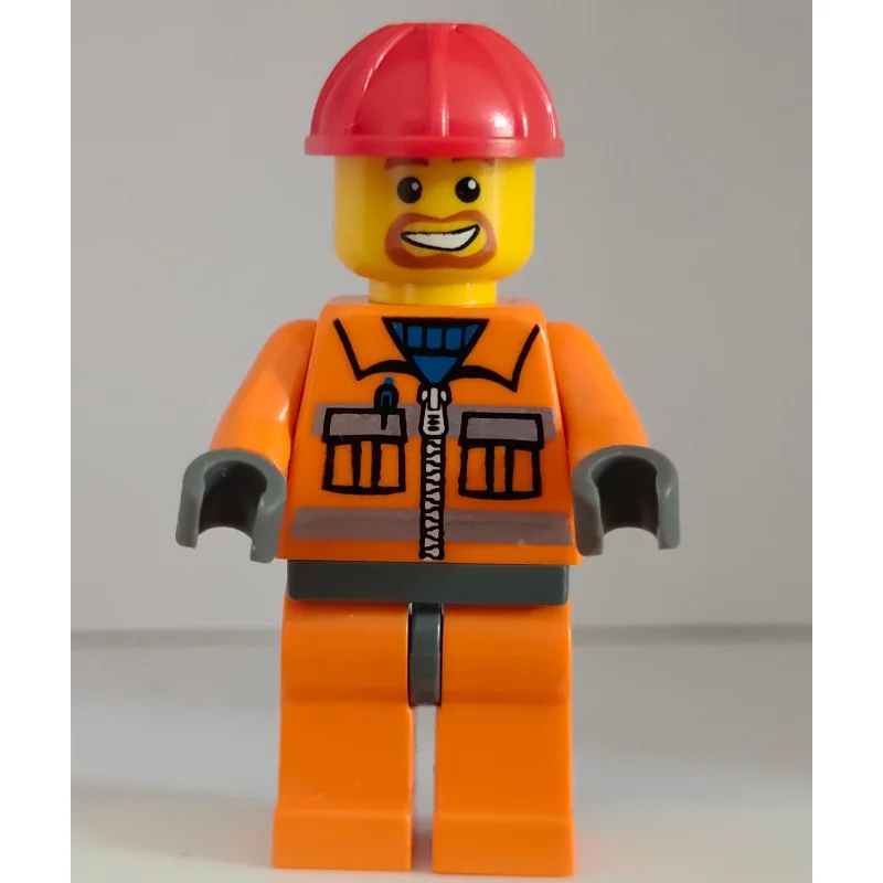 Construction Worker, Orange Jacket with Zipper and Reflective Stripes, Orange Legs, Red Hard Hat, Goatee Beard
