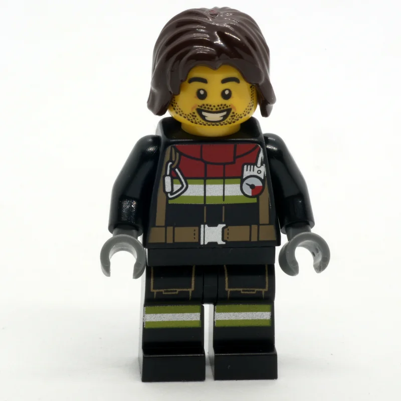Firefighter, Black Fire Suit, Dark Brown Hair, Stubble Beard