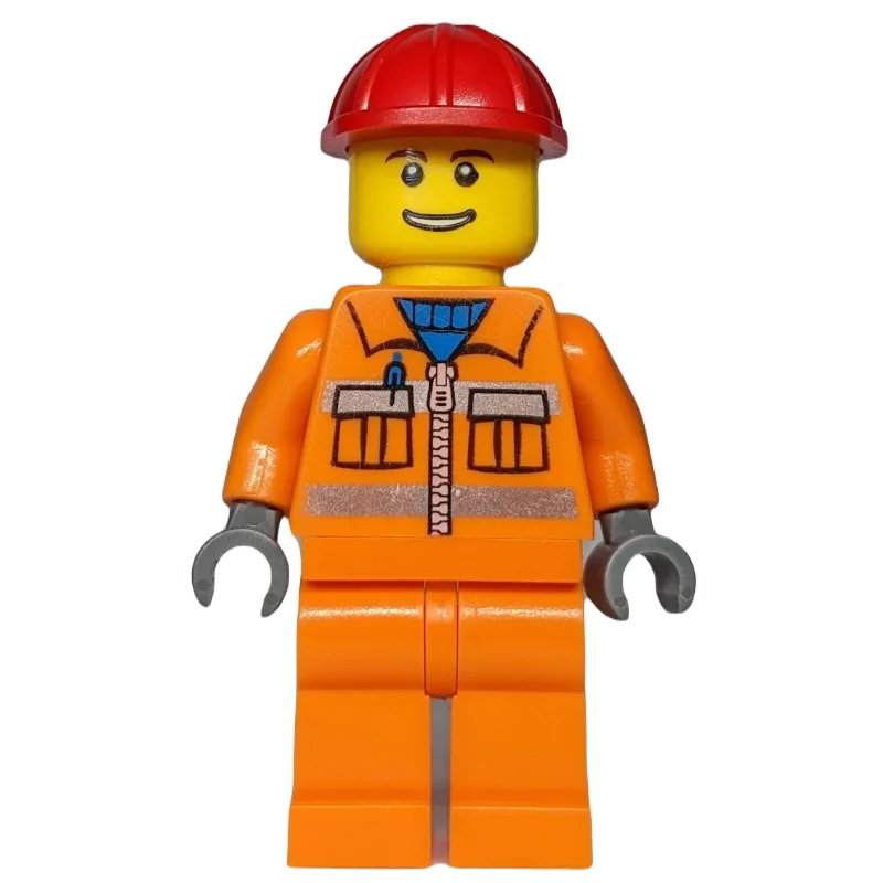 Construction Worker, Orange Jacket with Zipper and Reflective Stripes, Red Hard Hat