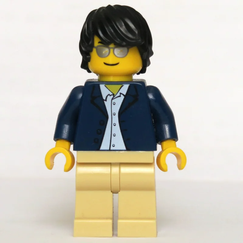 Man, Open Dark Blue Jacket, Tan Legs, Black Hair, Silver Sunglasses