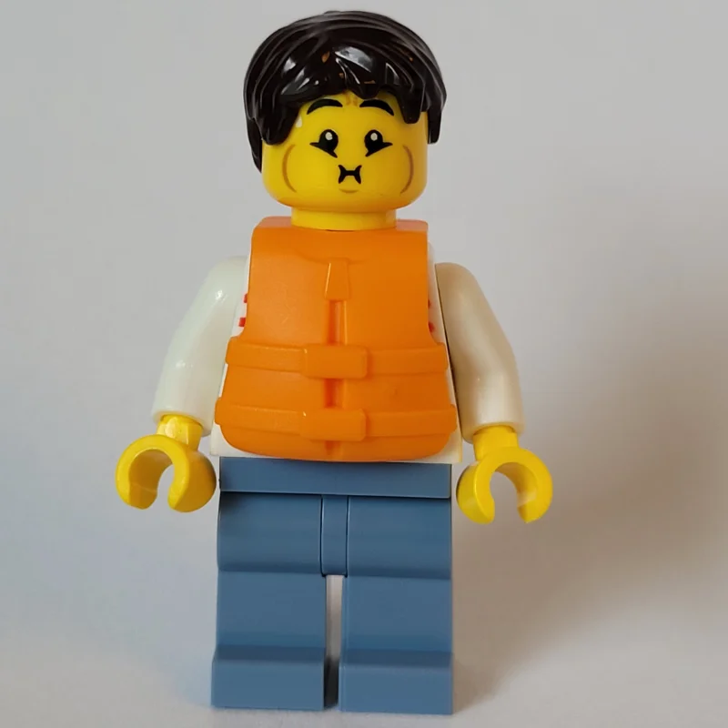 Man, White and Red Striped Shirt, Sand Blue Legs, Orange Life Vest, Dark Brown Hair