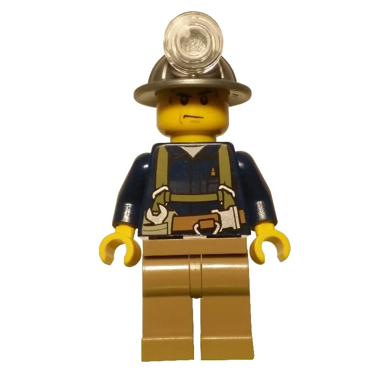 Miner, Dark Blue Shirt with Harness, Mining Hat, Sweat Drops