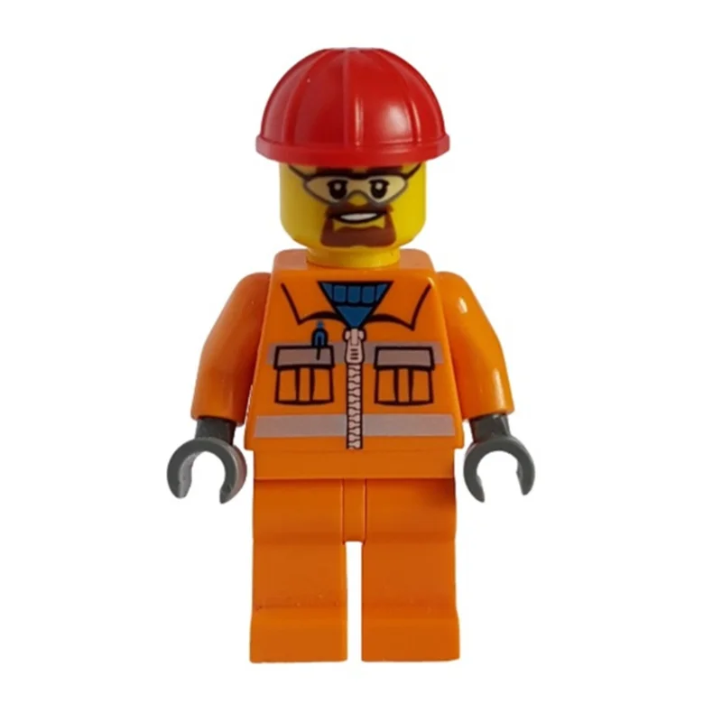 Construction Worker, Orange Jacket with Zipper and Reflective Stripes, Orange Legs, Red Hard Hat, Goatee Beard and Goggles