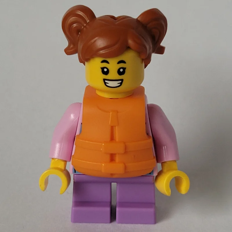 Girl, Pink Hoodie, Short Medium Lavender Legs, Orange Life Jacket, Dark Orange Hair