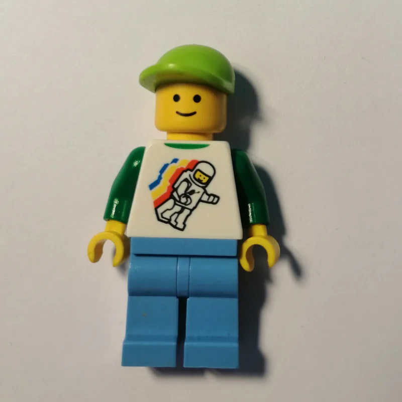Man, Floating Classic Spaceman on Shirt, Medium Azure Legs, Lime Cap