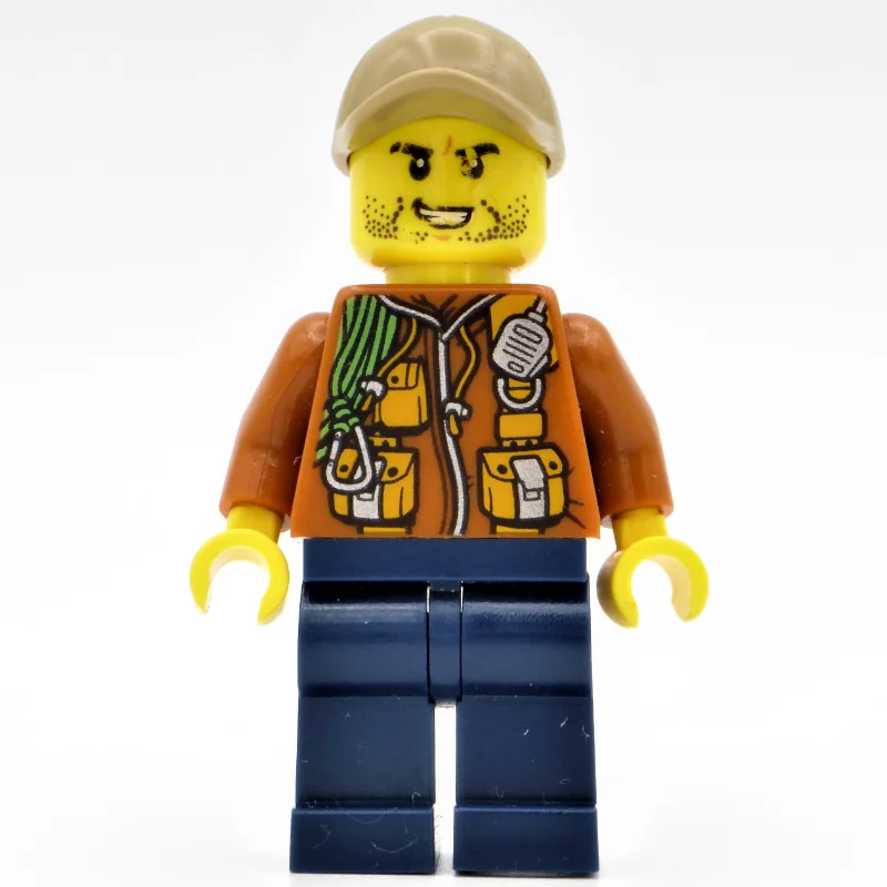 Explorer, Jacket with Pouches, Radio, and Rope, Dark Tan Cap, Stubble and Clenched Teeth