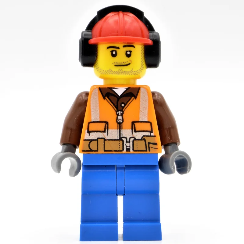 Construction Worker, Orange Safety Vest with Zipper over Reddish Brown Shirt, Blue Legs, Red Hard Hat with Ear Defenders, Stubble