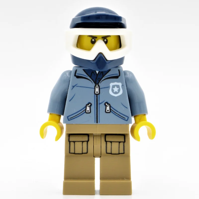 Policeman, Sand Blue Jacket with Pockets and 'POLICE' on Back, Dark Blue Dirt Bike Helmet with Goggles